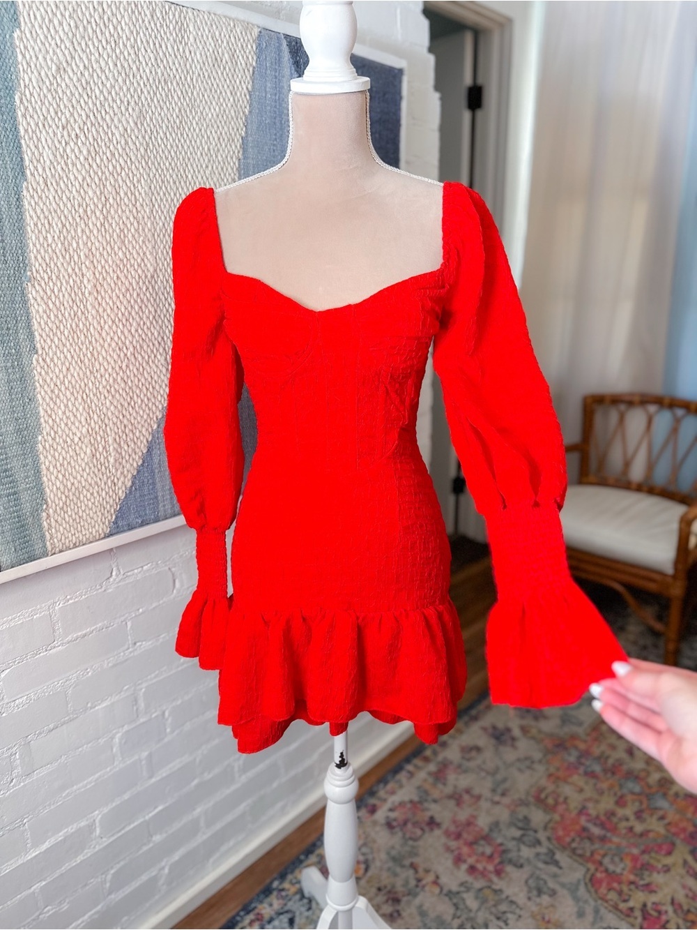 PrettyLittleThing Red Drop Waist Ruffle Sleeve Dress